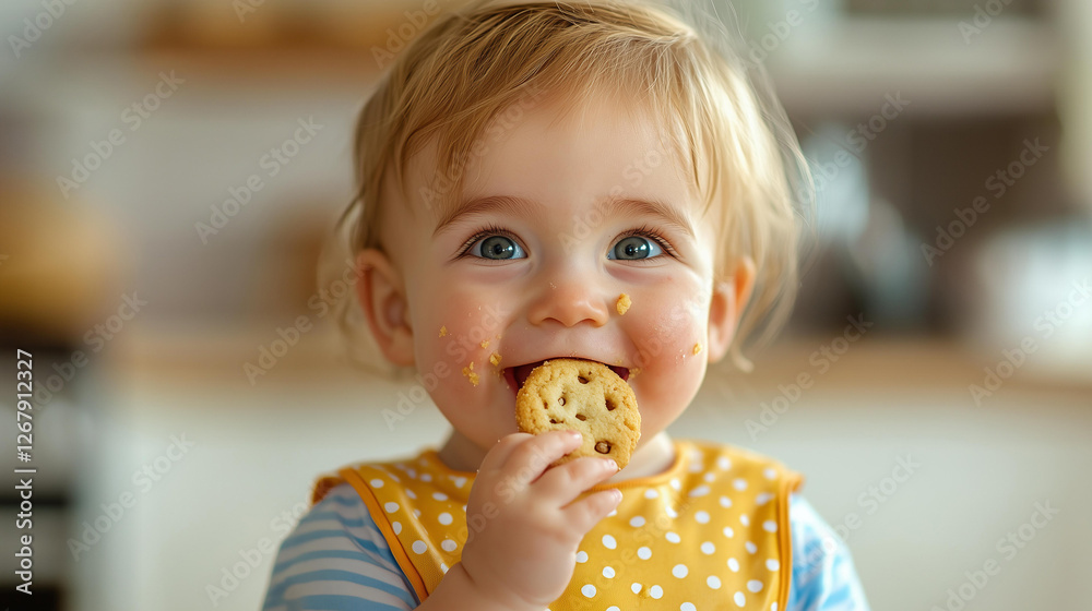 A happy toddler in a yellow polka dot bib bites into a cookie, with crumbs on their cheeks. A happy toddler in a yellow polka dot bib bites into a cookie, with crumbs on their cheeks.
