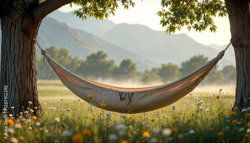 Hammock Between Trees in Flower Field with Mountains