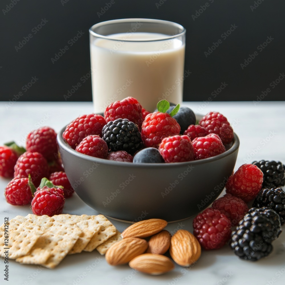 Milk in Glass with Berries Cracker and Almond Snack Combination Delight Arrangement Harmony Milk in Glass with Berries Cracker and Almond Snack Combination Delight Arrangement Harmony