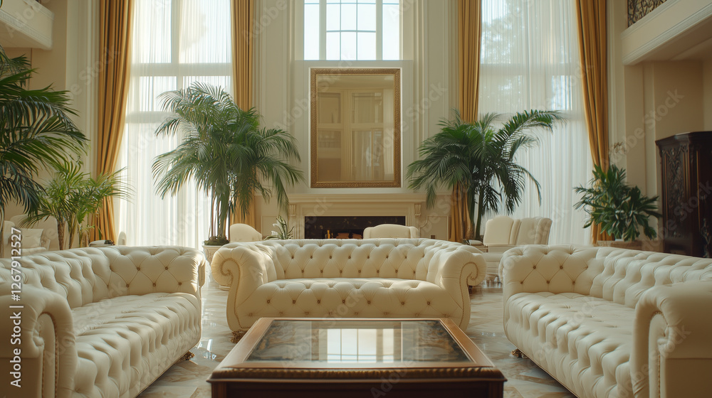Obraz premium A luxurious living room with plush white sofas, high ceilings, and indoor plants creating a sophisticated ambiance.