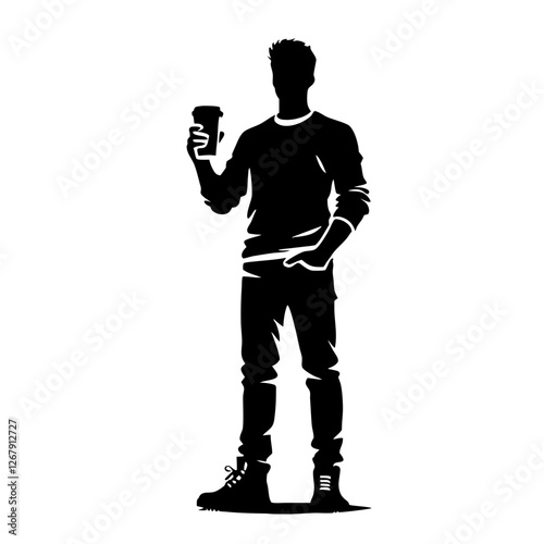 Person holding a cup of coffee while standing casually on a clear background