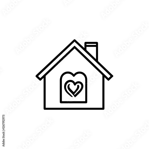 Minimalist line drawing of a house with a heart-shaped window symbolizing love and warmth in home design, icon
