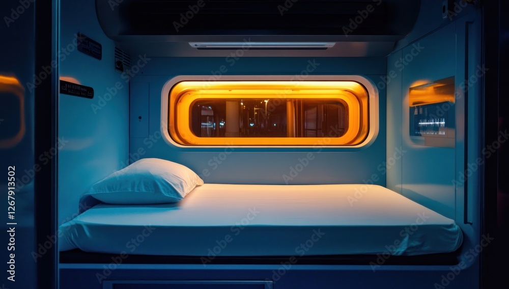 Fototapeta premium Futuristic Train Sleeper Cabin: Nighttime Tranquility