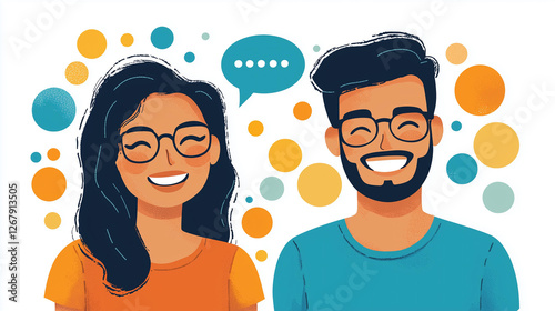 A vibrant illustration of two smiling professionals engaging in a lively conversation with speech bubbles.