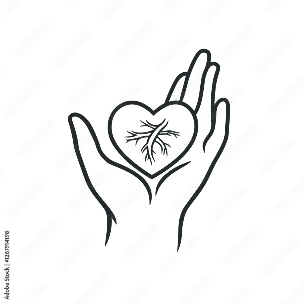 Obraz premium Line drawing of a hand holding a heart with roots symbolizing care and deep connection, icon