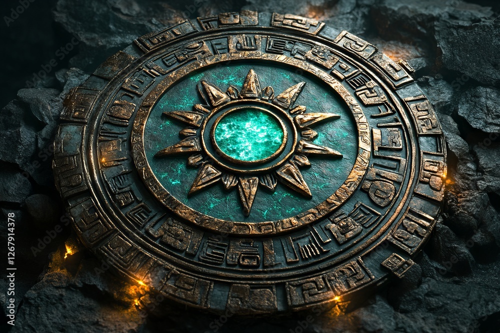 Fototapeta premium Ancient stone disc with glowing center