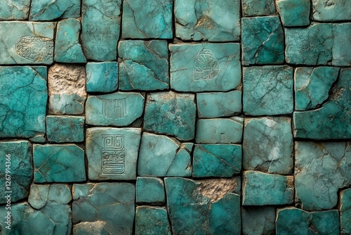 Ancient teal stone wall with carvings
