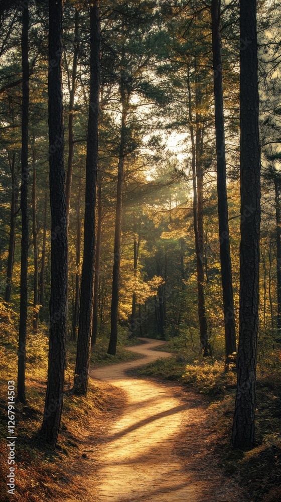 Obraz premium Serene Forest Pathway Leading Through Woodland Landscape with Sunlit Clearing and Tall Trees