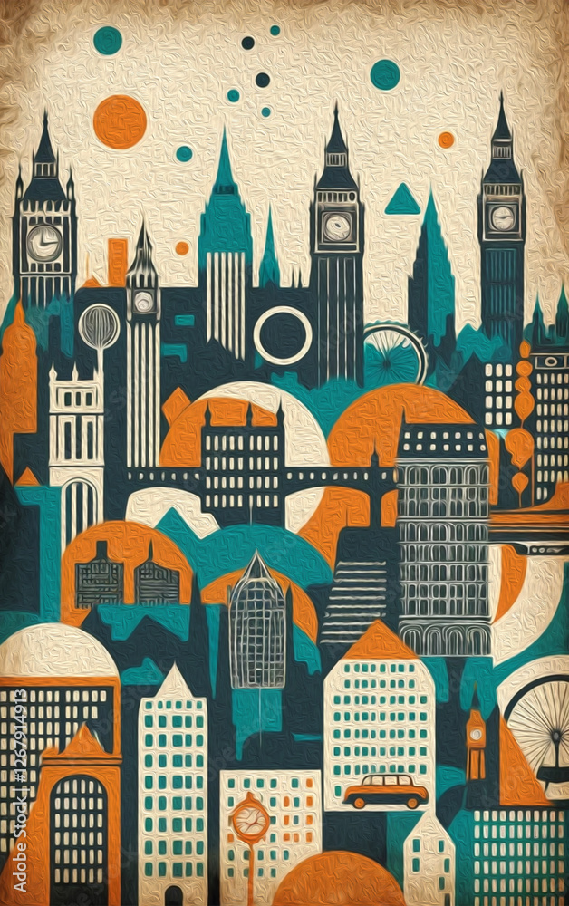 Fototapeta premium Oil painting. City landscape. Pattern for printing on wall decorations, fabrics, and for use in graphics.