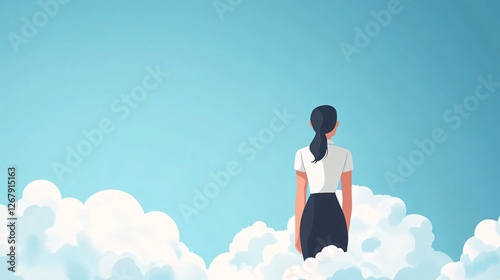 Businesswoman Stands on Clouds Top View from Above