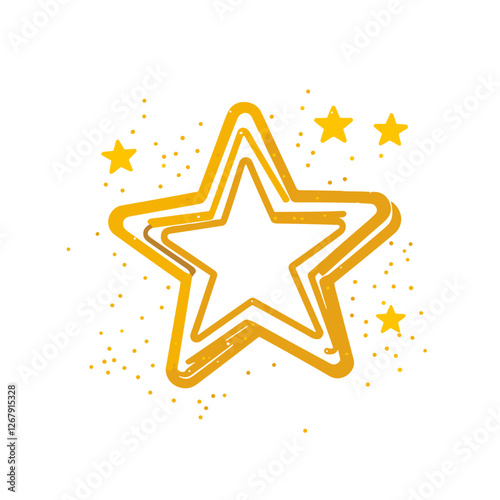 Vibrant golden star illustration with sparkling outline surrounded by smaller stars, representing celebration and achievement, icon