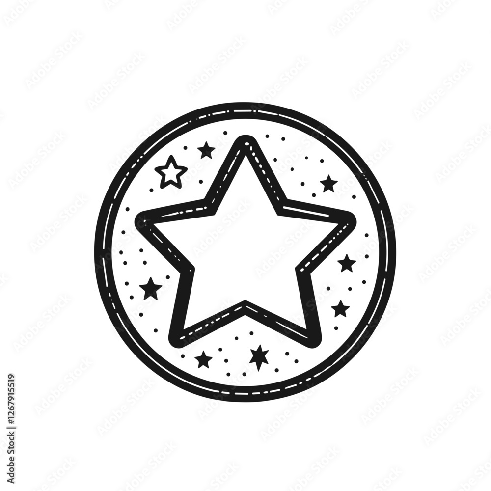 Badge-style illustration with a central star and surrounding stars representing achievement and celebration, icon Badge-style illustration with a central star and surrounding stars representing achievement and celebration, icon