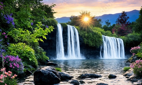 Elegant Garden with a Waterfall and Clear Blue Pool – Idyllic Sunrise Over a Dreamlike Outdoor Sanctuary