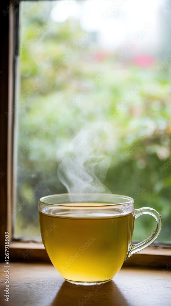 Steaming Cup of Herbal Tea against Window View with Natural Light and Warm Cozy Atmosphere Steaming Cup of Herbal Tea against Window View with Natural Light and Warm Cozy Atmosphere