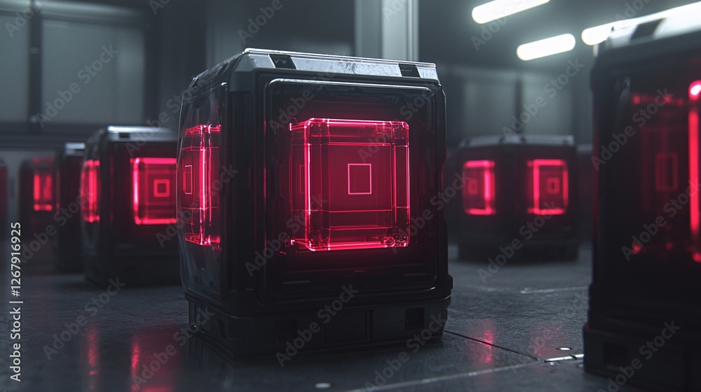 Red glowing cubes in futuristic data center Red glowing cubes in futuristic data center