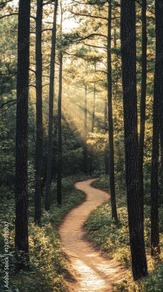 Fototapeta premium Winding Forest Path Lit by Sunlight Through Tall Trees Serene Nature Walk Outdoors Adventure