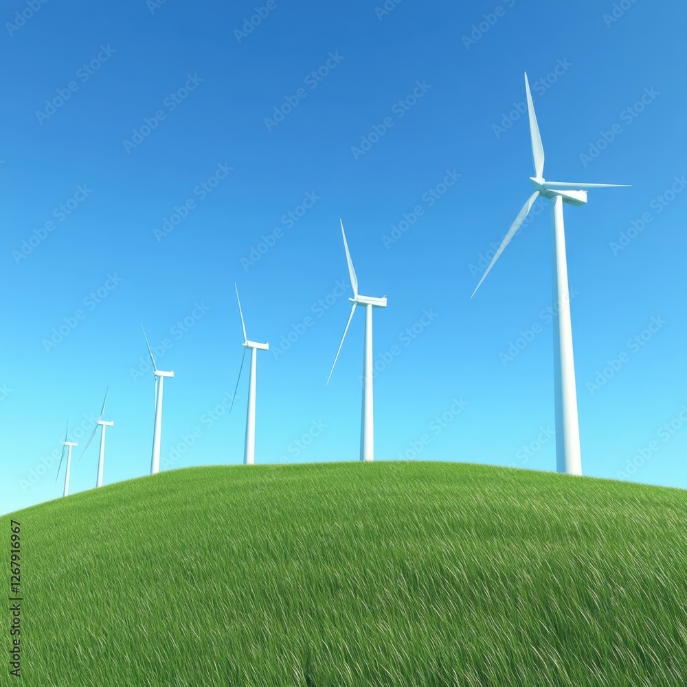 Wind Turbines on a Green Hill Renewable Energy Farm Against a Blue Sky Clean Energy Future Wind Turbines on a Green Hill Renewable Energy Farm Against a Blue Sky Clean Energy Future