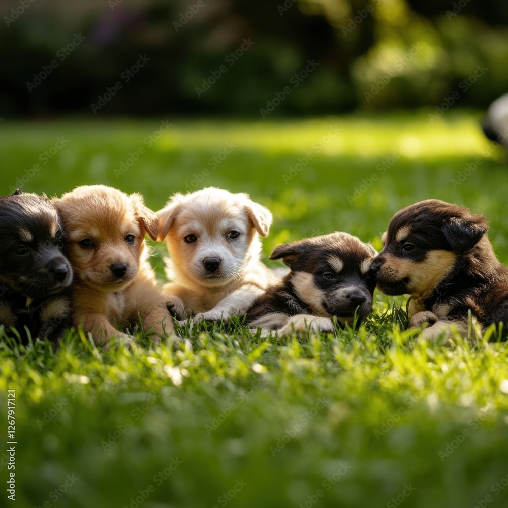 Adorable Puppies Enjoying Sunshine in a Lush Green Meadow Cute Dogs Playing Outdoors Animal Companions Adorable Puppies Enjoying Sunshine in a Lush Green Meadow Cute Dogs Playing Outdoors Animal Companions