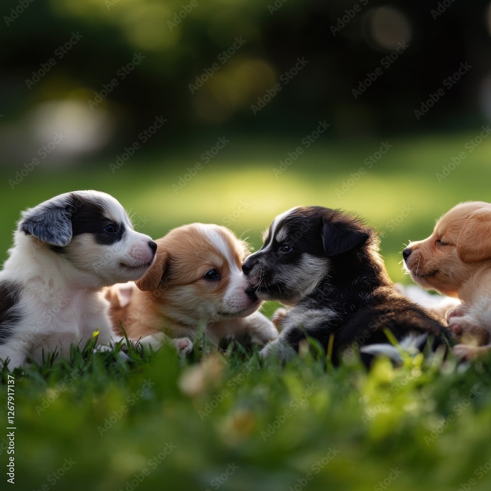 Adorable Puppies Playfully Interacting in Lush Green Grass Sunlight Lit Tender Canine Connection Adorable Puppies Playfully Interacting in Lush Green Grass Sunlight Lit Tender Canine Connection