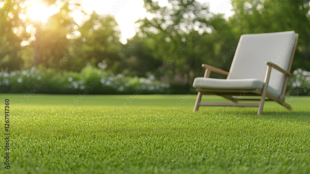 Tranquil lawn scene with a wooden armchair, bathed in sunlight, suggesting rest and relaxation in a serene outdoor setting. Green grass and soft lighting. Tranquil lawn scene with a wooden armchair, bathed in sunlight, suggesting rest and relaxation in a serene outdoor setting. Green grass and soft lighting.