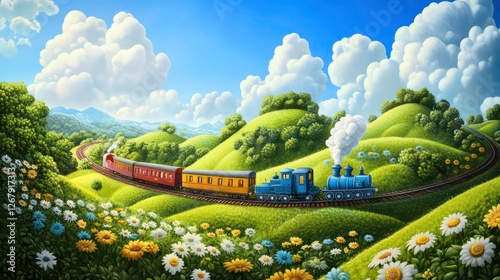 Colorful train on a winding path through hills and flowers. Possible use Children's book illustration