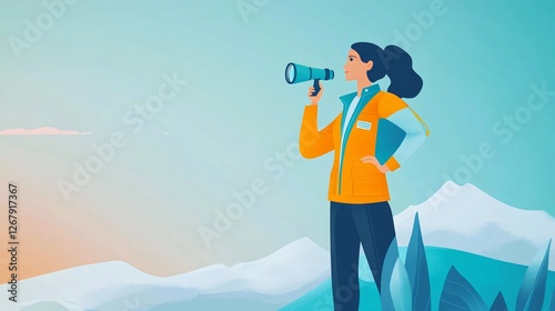 Image of a Professional Female Engineer Using a Spyglass on an Observation Tower