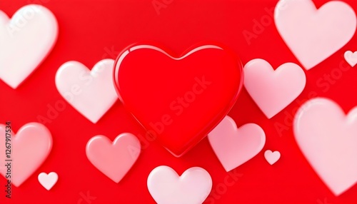 Un corazón rojo sobre un fondo rojo con más corazones