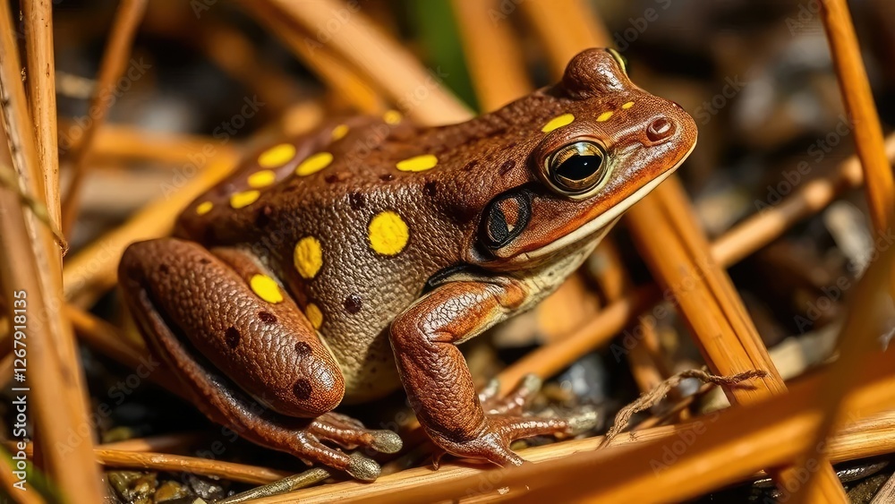 Obraz premium Brown reed frog with yellowish spots on its back, natural, reed, foliage