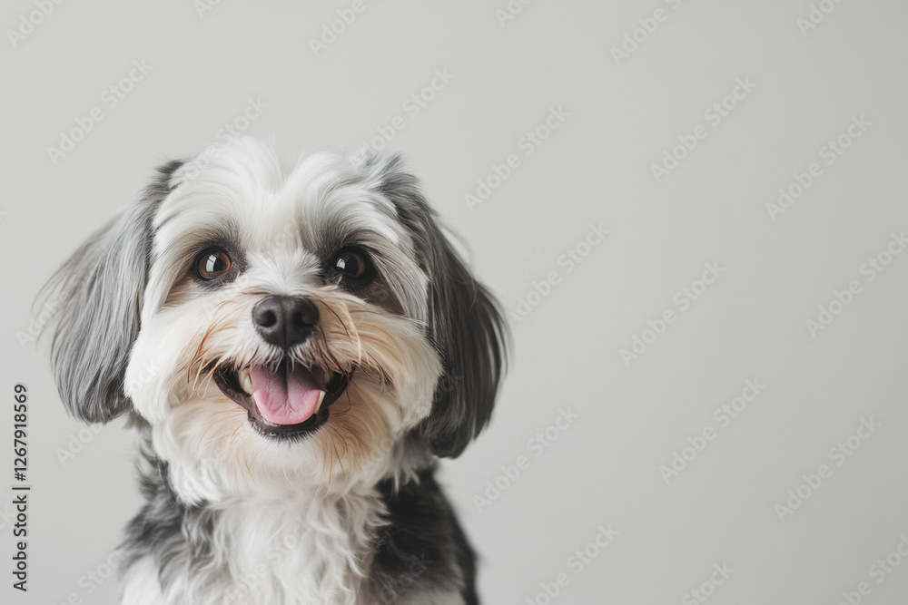 Funny and cheerful white-grey dog, highlighted on a white background. Care concept, animal life, health, exhibition. Isolated. Copy space for ad Funny and cheerful white-grey dog, highlighted on a white background. Care concept, animal life, health, exhibition. Isolated. Copy space for ad