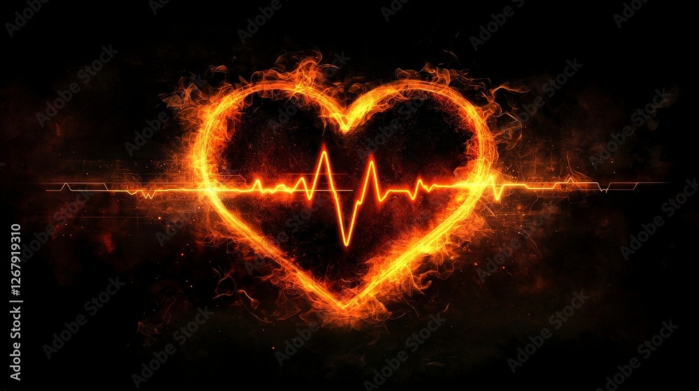 Fototapeta premium A stunning heart representation glowing with vibrant energy and an accompanying pulse signal, representing the intricate emotions of life and relationships in a modern artistic format.