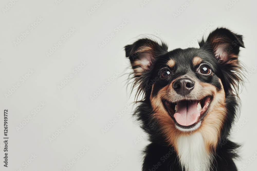 Funny and cheerful black-white-orange dog, highlighted on a white background. Care concept, animal life, health, exhibition. Isolated. Copy space for ad Funny and cheerful black-white-orange dog, highlighted on a white background. Care concept, animal life, health, exhibition. Isolated. Copy space for ad