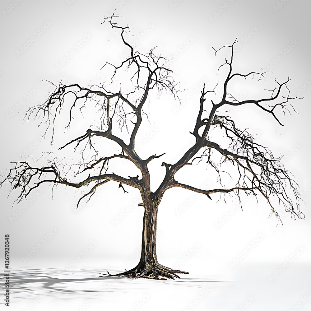 Fototapeta premium Bare tree with sprawling branches standing alone on a plain white background casting a soft shadow.