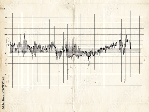 weathered scientific document featuring an old earthquake graph with black waveform signals plotted on faded paper with grid lines

