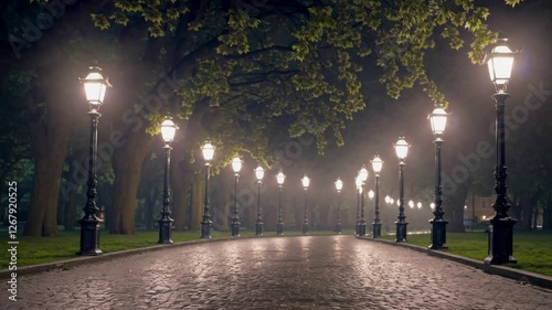 Slow Motion Shot of an Illuminated Walkway Through a Park at Night – Soft Glow from Vintage Street Lamps, Gentle Breeze Swaying Tree Branches, Reflections on Wet Pavement, Serene and Peaceful