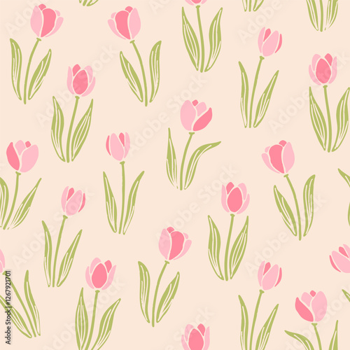 Tender pink tulip flowers with stem and leaves seamless repeat pattern. Cute spring flowers design for paper, fabric, wallpaper. Mother's day, women's day, birthday background.