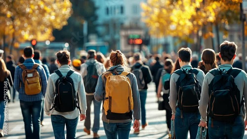 Students wearing backpacks walking along urban street with golden autumn foliage video 4k