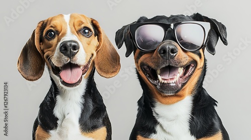 Smiling beagle and rottweiler wearing sunglasses for a fun look. photo