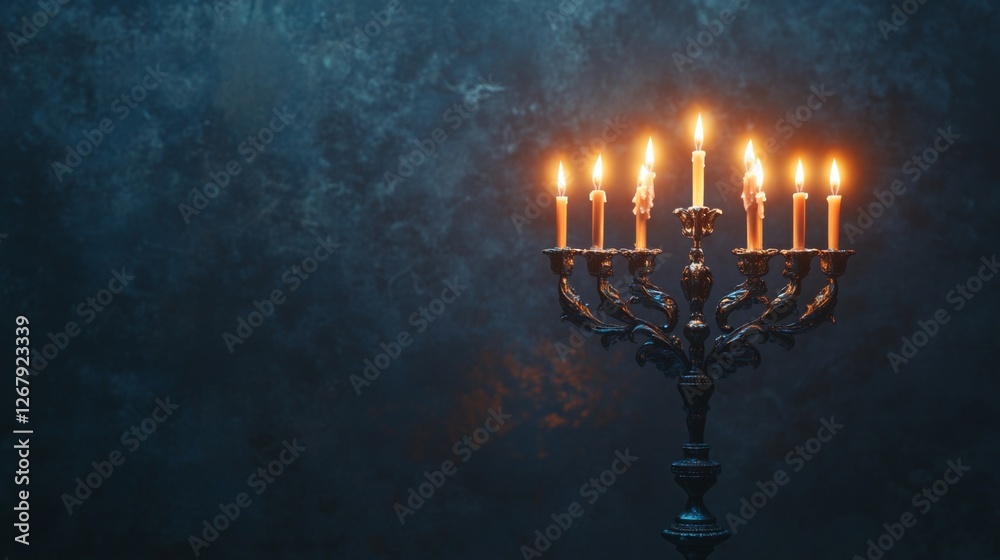 Fototapeta premium Elegant candelabrum with lit candles against dark atmosphere