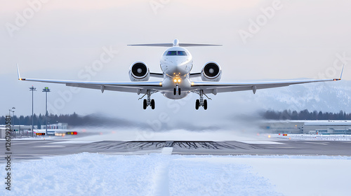 Private Jet Takes Off: A pristine private jet ascends from a snowy runway, showcasing power and luxury in a crisp winter setting. Airborne adventure begins. photo