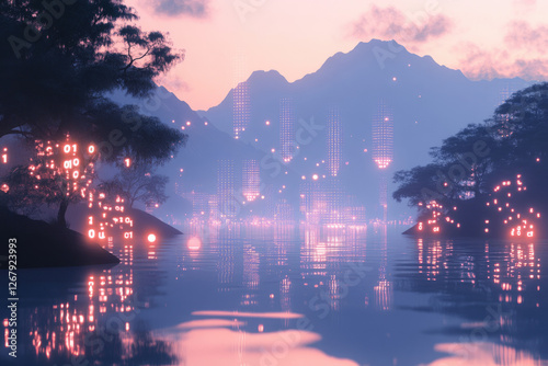 A serene futuristic cityscape reflected in a calm lake at dawn, illuminated by soft pink digital data streams. photo