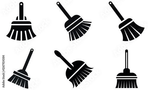 This set of six simple, black and white icons depicts various broom designs.