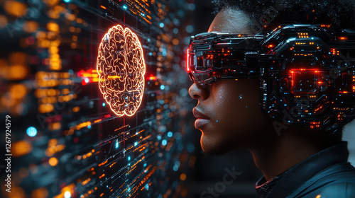 Cybernetic biohacker immersed in neural data visualization while monitoring brainwaves in a futuristic environment with holographic displays