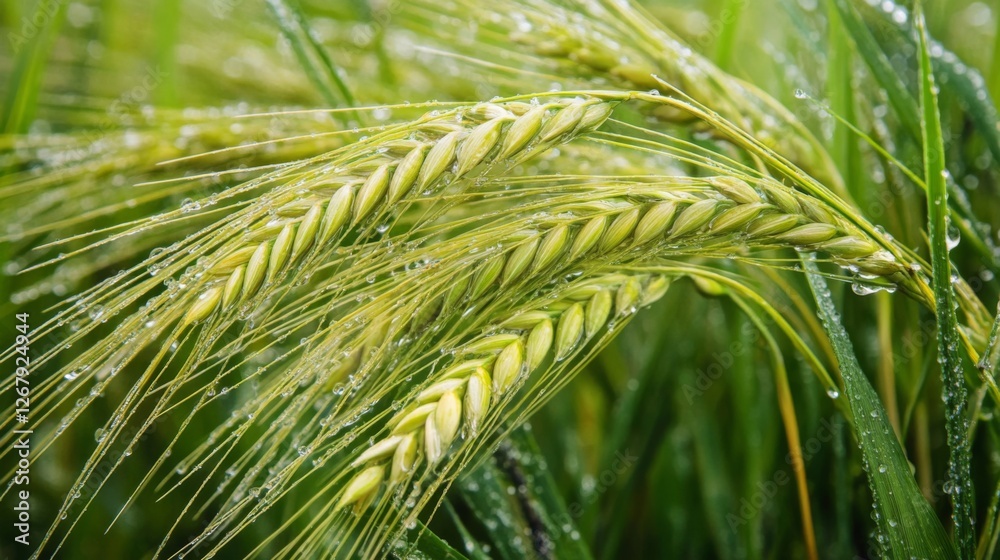 Close-up of dew-covered barley ears in lush green field Close-up of dew-covered barley ears in lush green field
