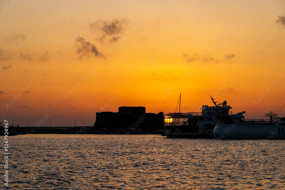 Golden sunset over Paphos Castle and harbor, Cyprus, 23.11.2024 Golden sunset over Paphos Castle and harbor, Cyprus, 23.11.2024