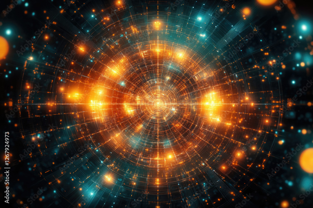 Abstract fractal art depicting a vibrant, glowing circular tunnel of interconnected nodes and lines, radiating energy. Abstract fractal art depicting a vibrant, glowing circular tunnel of interconnected nodes and lines, radiating energy.