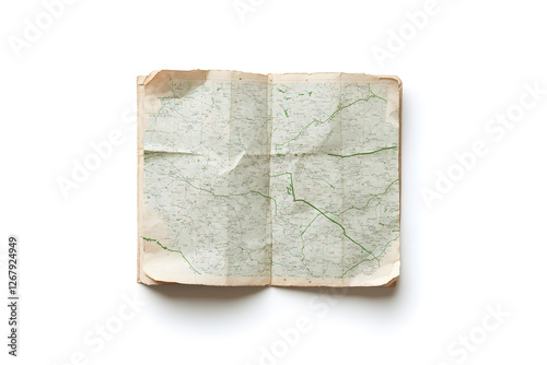 Vintage road map, unfolded and worn, shows detailed routes in green on aged paper, set against a clean white background. Exploration vibes.