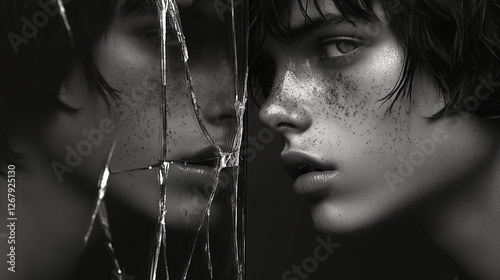 Woman with freckles reflected in broken mirror creating artistic portrait, exploring concepts of identity and self reflection in black and white photo