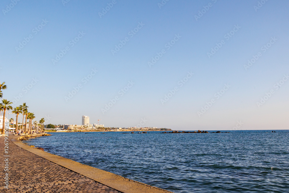 Obraz premium View of the coastline with palm trees along the promenade in Paphos, Cyprus, clear blue sky, 23.11.2024