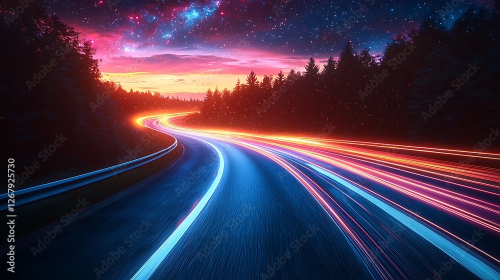 Fototapeta premium Night road, curving path, forest, starscape, speed, travel poster