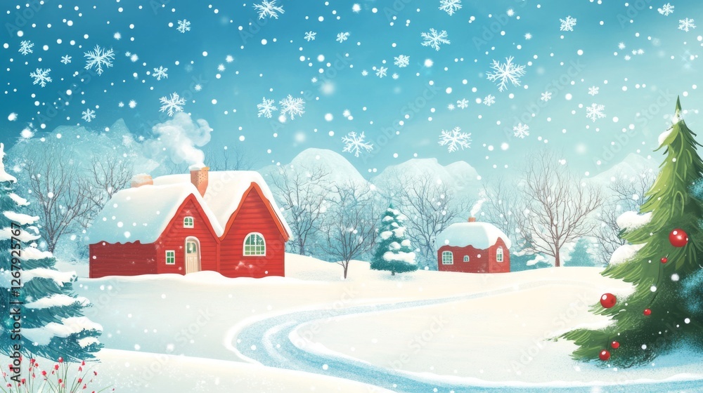Charming winter wonderland with snowy red houses and festive decorated trees Charming winter wonderland with snowy red houses and festive decorated trees